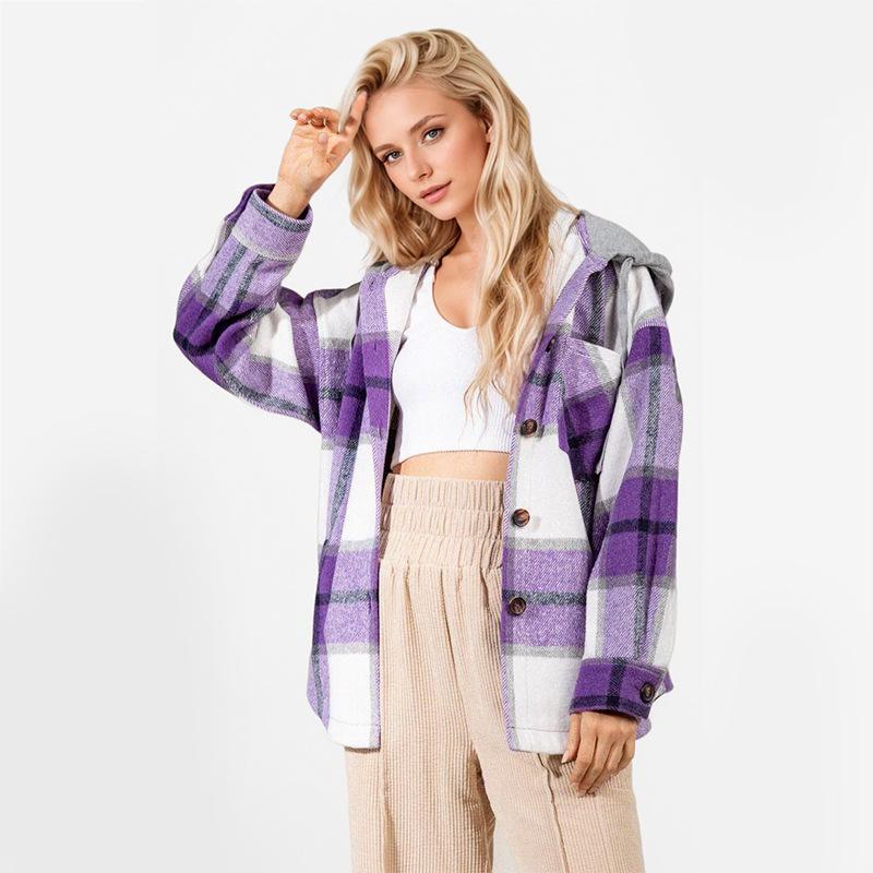 Herbst Damen Plaid Bedruckte Kapuze Patchwork Langarm Lose Tweed Jacke