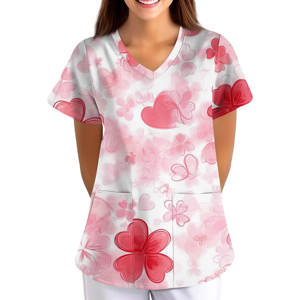 ÜbergrößeBedruckte Kasack Arbeitsuniform Oberteile für Damen V-Ausschnitt mit Überkreuzung Print Kurzarm Lustige T-Shirts Arbeitskleidung T-Shirt mit Taschen