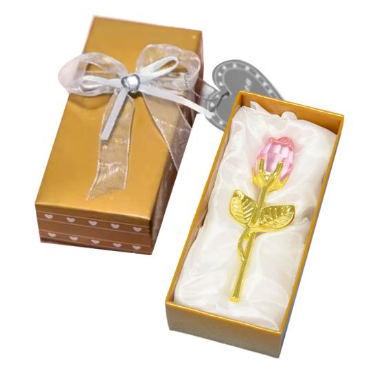 Faux Crystal Rose Flower Gift with Metal Stem Clear Flower Figurine with Gift Box