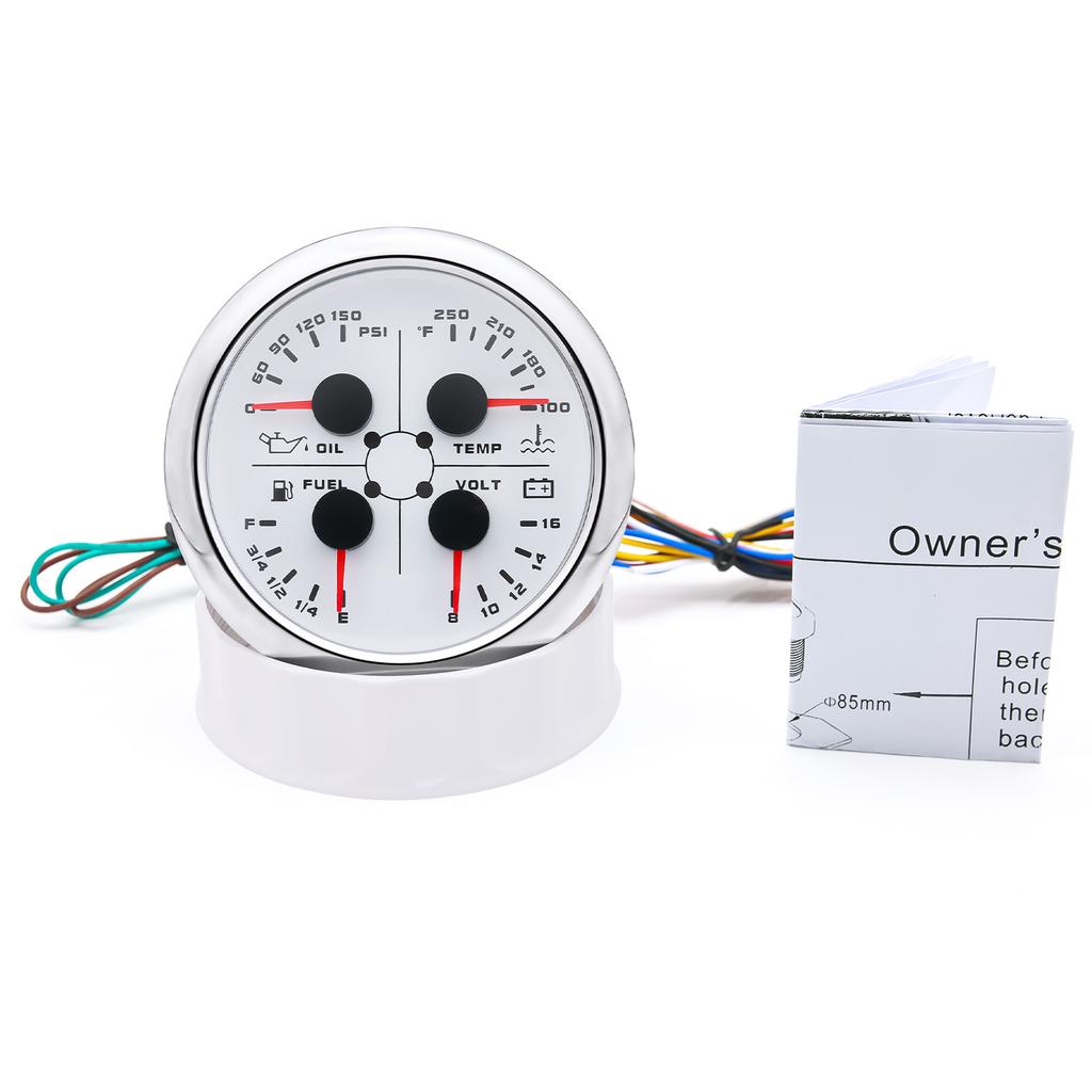85mm 4 in 1 Gauge Oil Press Gauge Water Temp Meter Fuel level Gauge Voltmeter With Alarm For Marine Boat Car Waterproof 12V 24V