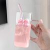 400ml quadratischer Glasbecher mit Strohhalm und Schleifenakzent Hitzebeständiger Wasserbecher für verschiedene Getränke