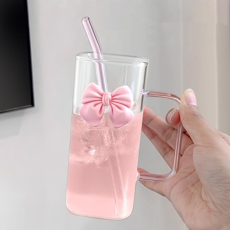 400ml quadratischer Glasbecher mit Strohhalm und Schleifenakzent Hitzebeständiger Wasserbecher für verschiedene Getränke