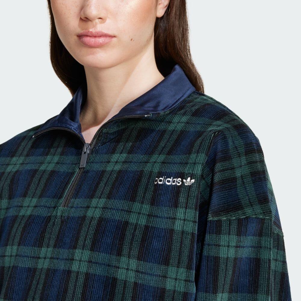 Adidas Originals Logo Plaid Half-Zip Long Sleeve Sweatshirt Women Sweatshirt Night-Blue Black Dark-Green IX1054