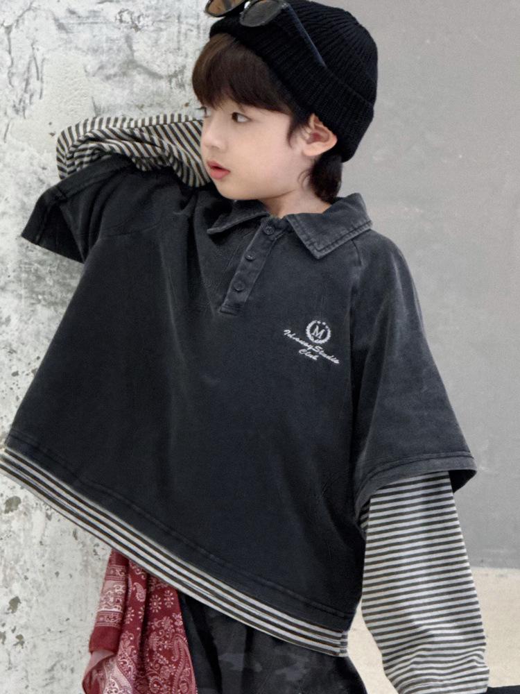 Children's Spring/Autumn Trendy Spliced Long Sleeve Polo Shirt - Casual Loose Korean Style Fake Two-Piece Pullover.