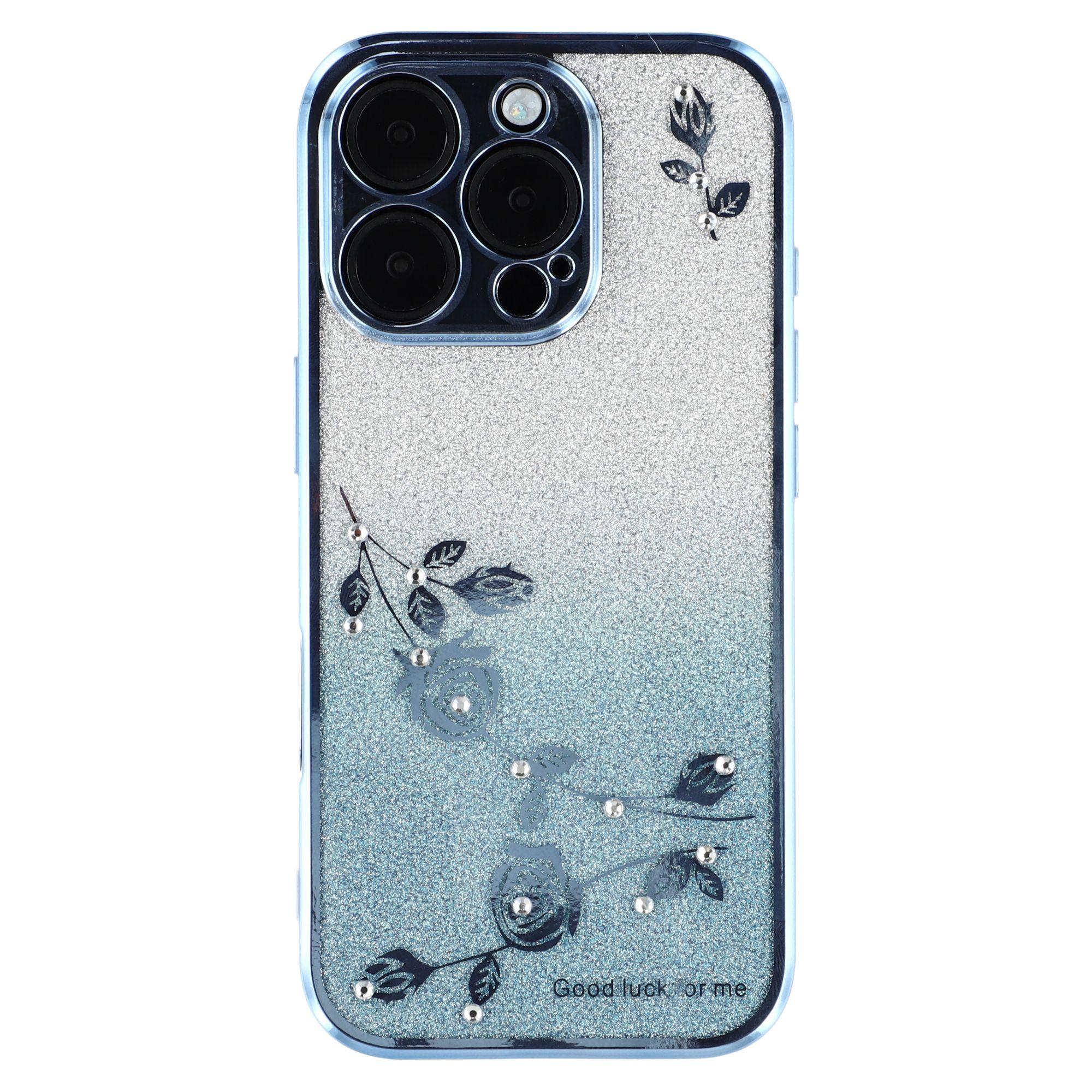 KADEM For iPhone 16 Pro Max Case Flower TPU Phone Cover Rhinestone Bling Sparkle Blue
