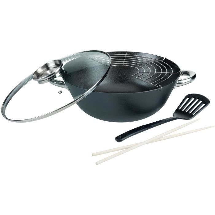 Wok multifonction 5 pièces - GSW - 860956 - Fonte d'acier - 32 cm - Tous feux dont induction nero