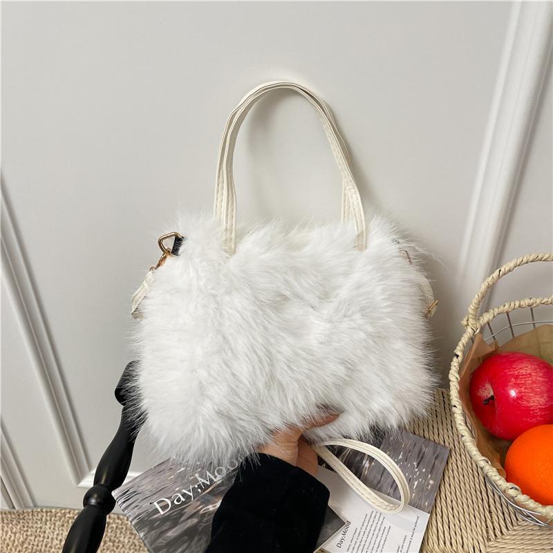 Winter Simple Soft Plush Shoulder Bags for Women Solid Color Ladies Faux Fur Crossbody Bag Versatile Femlae Bucket Handbags
