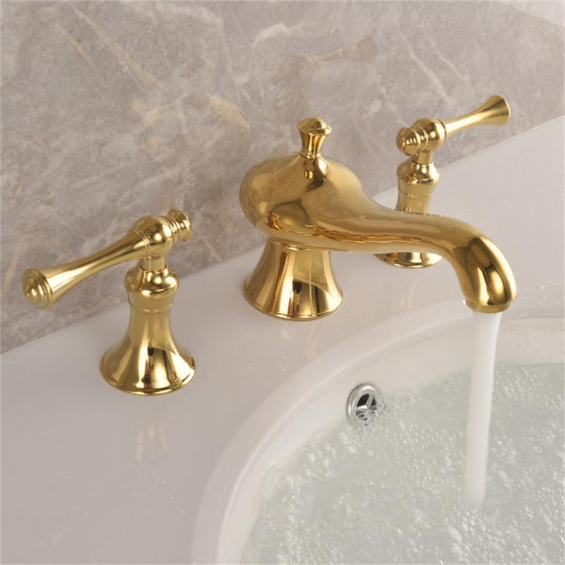 

Tuqiu Basin Faucets Total Brass Widespread Bathroom Faucet Gold Sink Faucets 3 Hole Hot And Cold Waterfall Faucet Water Tap золотой