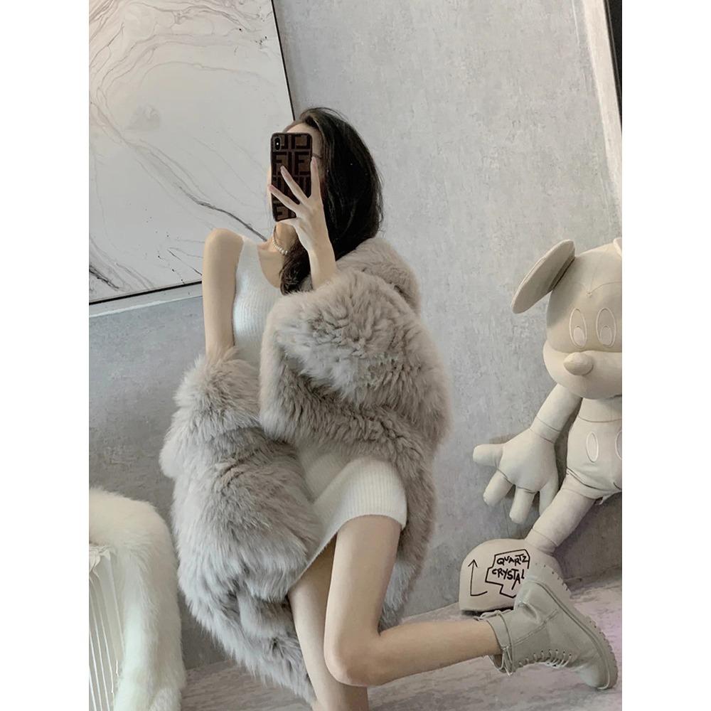 Winter Pelzmantel Damen Mittel und Lang Fuchspelz Kapuzenmantel Locker und Dünn Modisch und Umweltfreundlich Pelzmantel