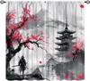 Japanese Anime Samurai Curtains Watercolor Ink Samurai Red Sun Shrine Mount Fuji Blackout Window Treatment Living Room Bedroom