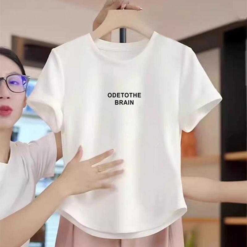

European station front shoulder curved hem pure cotton short-sleeved t-shirt women s 2025 summer new round neck short half-sleeved top 2XL