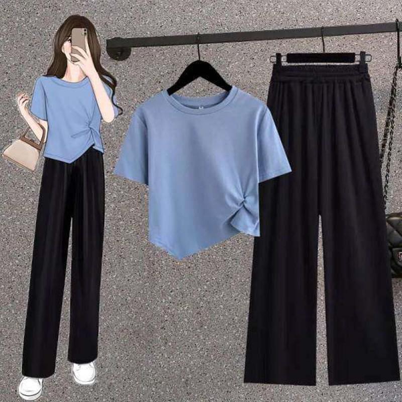 Korean Irregular Short Shirt Women's Top Vertical Black Wide Leg Pants Two-piece Fashion Casual Suit