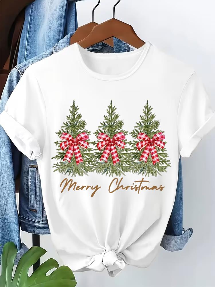 (Asian Size) watercolor cute Short Sleeve T-shirts Merry Christmas Women's Top O-neck T Shirt Print  Fashion Casual New Year Clothing Graphic Tee