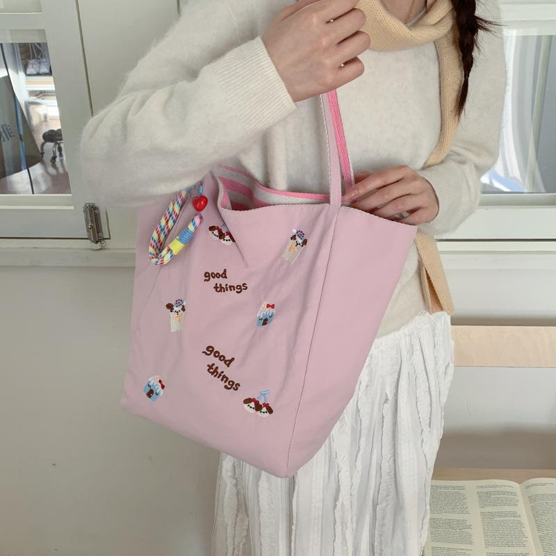 Cute Cherry Puppy Embroidered Tote Bag Large Capacity Casual Shoulder Handbag for Women KTB