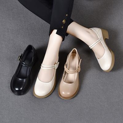 Scarpe da donna décolleté con tacco spesso fibbia a un cinturino punta tonda scollatura bassa scarpe da donna pelle bovina primo strato scarpe da donna per quattro stagioni