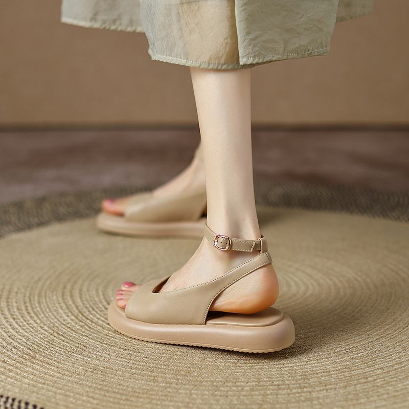 Krazing Pot Microfibră Peep Toe Tocuri joase Vară Platformă Plată Glezna Cataramă Femei Sandale de agrement