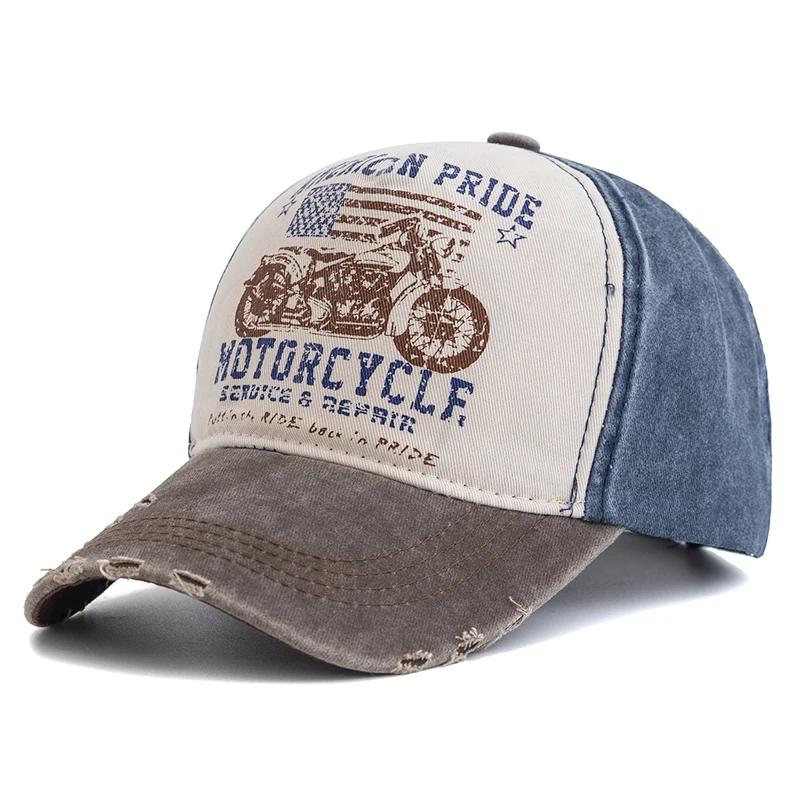 New Motorcycle Printing Baseball Cap Vintage Color Block Washed Cap Adjustable Dad Hats for Women Men