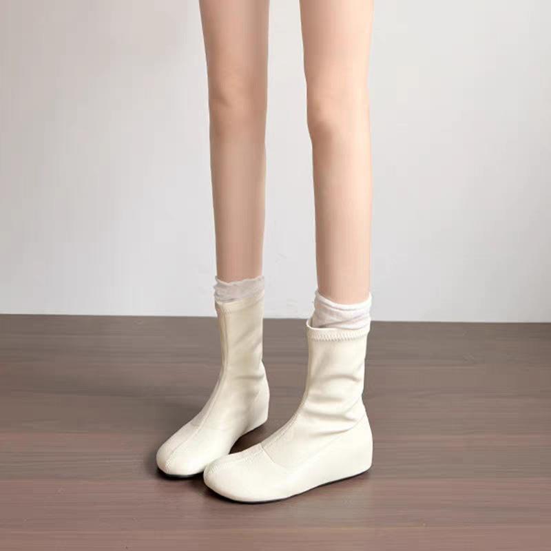 0000 New White Korean Version Temperament Flat Bottom Inner Height Increasing Short Boots Women's Gentle Wind Round Head Soft Leather Elastic Thin Bo