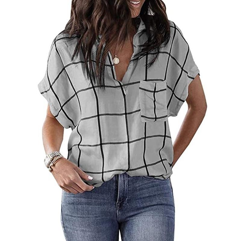 Spring and Summer New Fashion Women's Casual Loose Check Print Pocket V-Neck Short-Sleeved Plus Size Pullover T-Shirt
