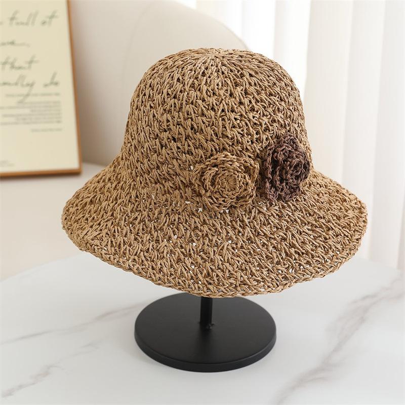 Summer Hand Crochet Beach Bucket Hat For Women Wide Brim With Flower Foldable Girls Outdoor Breathable Sunscreen Cap Party Gift
