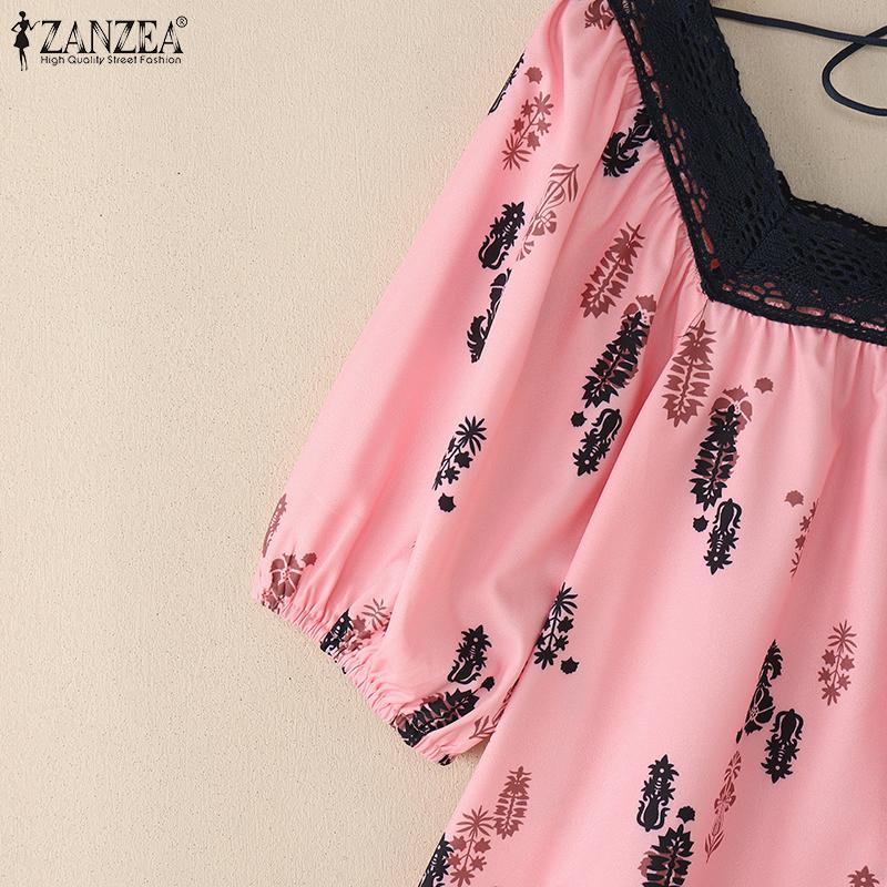 ZANZEA Women Summer Lace Splice Square Collar Short Sleeve Print Blouse