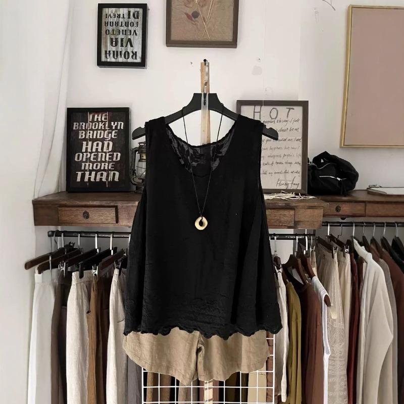 Summer Pure Cotton V-neck Single-breasted Hollow Vest Loose Sleeveless Cardigan with Vest Thin Large Size Top Women