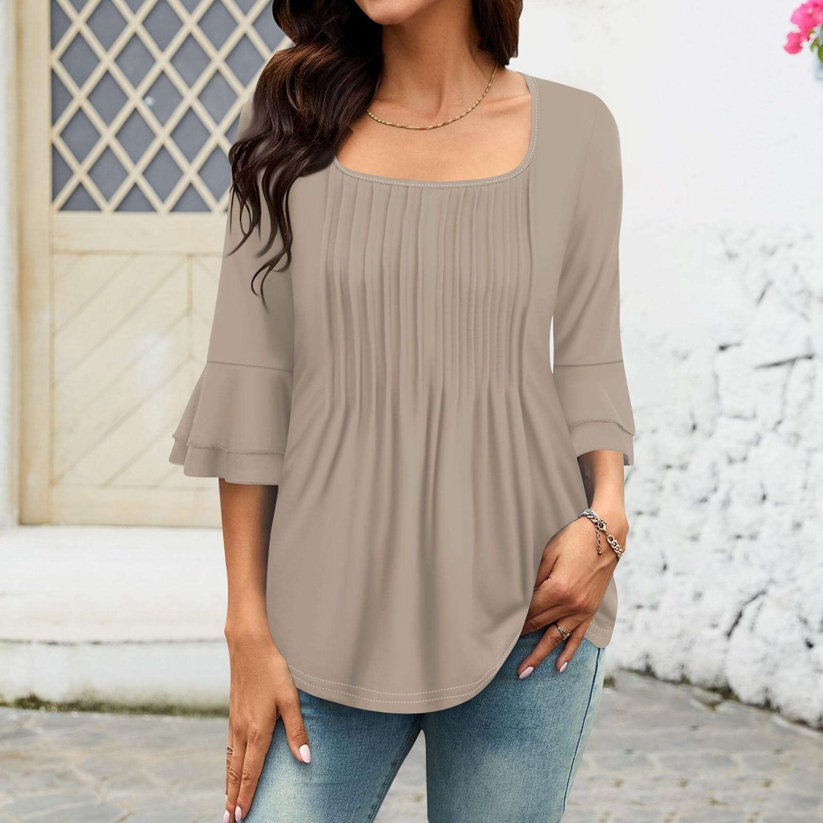 

Женские рубашки с рукавами 3/4, топы, нарядные повседневные блузки, плиссированные топы-туники с квадратным вырезом и вырезом XXXL хаки