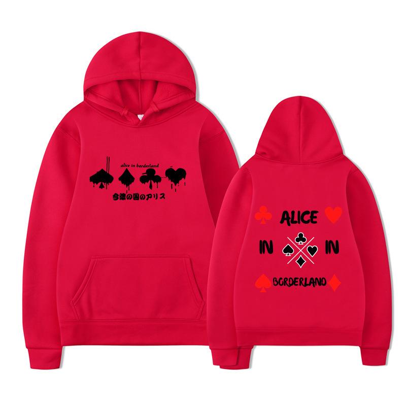Alice in Borderland Hoodie – Unisex Black Double Sided Fleece Sweatshirt, Playing Card Suits & Japanese Kanji Drip Print, AIB Anime Streetwear