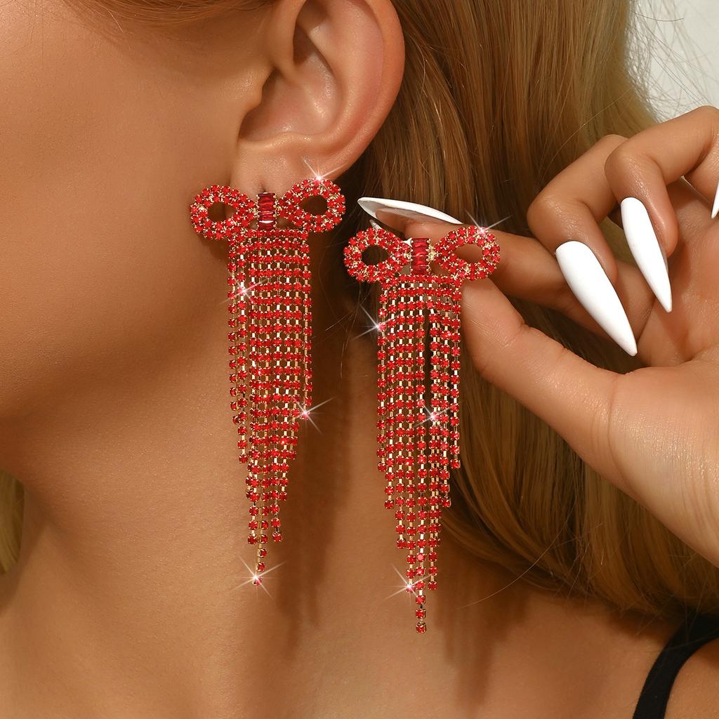 Bow Full Diamond Tassel High Sense Light Luxury Personalized Design Sense Earrings Temperament Earrings