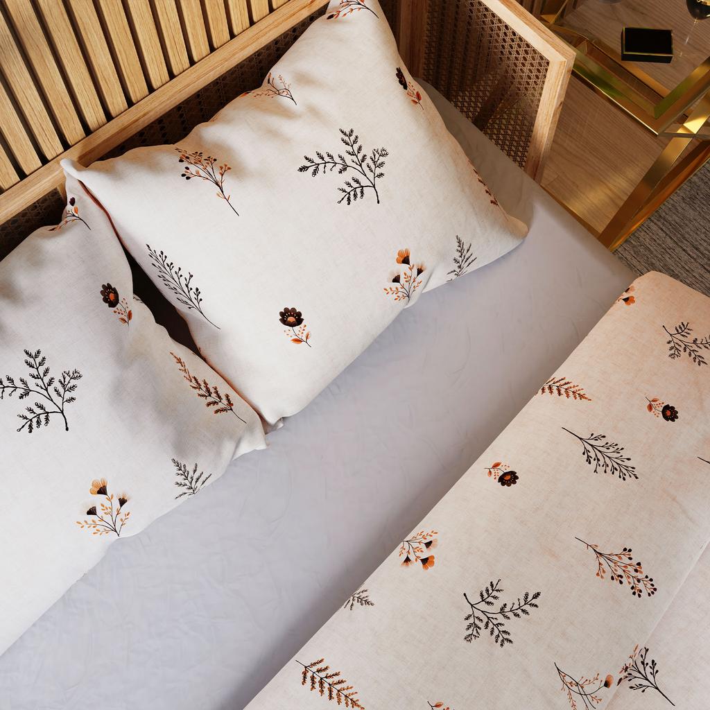 Dusoria Cotton Satin Bedding Set Beige With Plants 160X200 Cm