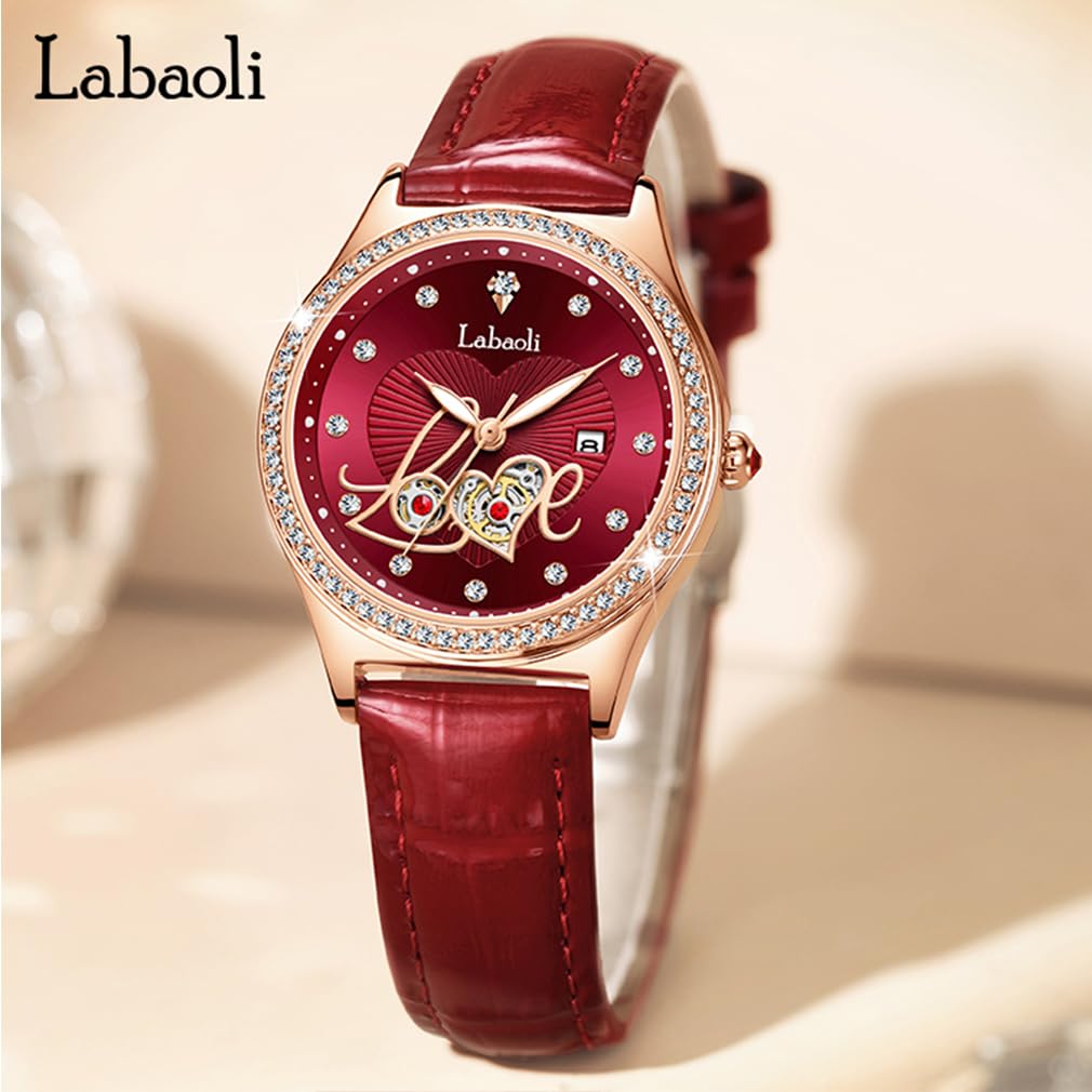 Love Watch Red Leather Strap Diamond Gift for Women Women's Wristwatch, Stylish, Waterproof, Simple, Business, Cute, Casual, Luxury,