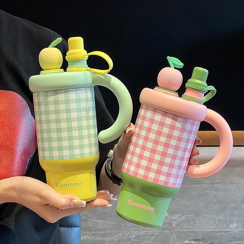 Thermos mit großer Kapazität, doppelwandig aus Edelstahl, mit Strohhalm für Kinder und Erwachsene
