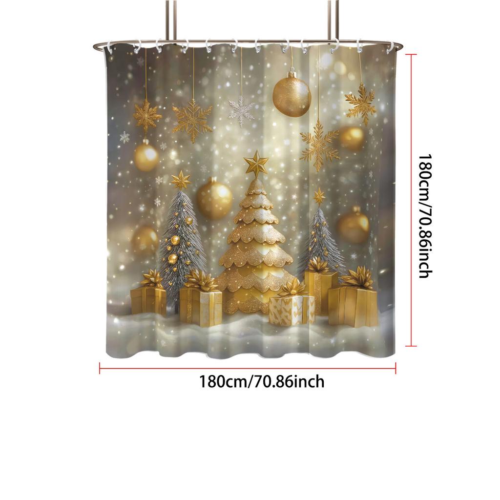 1Pc Golden Christmas Tree Print Waterproof Shower Curtain Partition Privacy Hanging Curtain, With 12 Hooks For Easy Installation