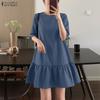 ZANZEA Women Casual Round Neck Solid Color Half Sleeve Dress