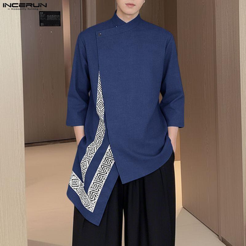Summer Incerun Men Stand Neck 34 Sleeve Irregular Hem Print Casual Shirts