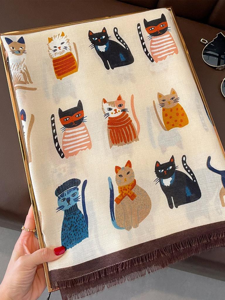 Tierdruck-Schal Cartoon-Katzenmuster Hijab Weiche Viskose Entfernte Kante Langer Schal Damen Bunter Foulard Wickel Stola