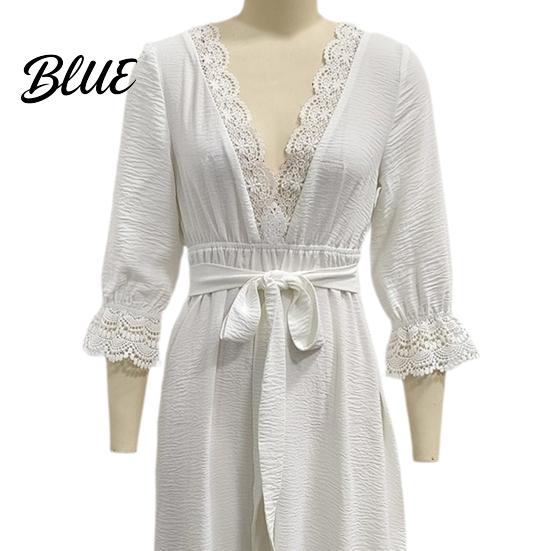 Long Sleeve Dress Women V-Neck Lace for Fall, 3/4 Sleeves Maxi with Casual Dresses Belt, Solid Color Loose Vacation Daily Wear Flowy