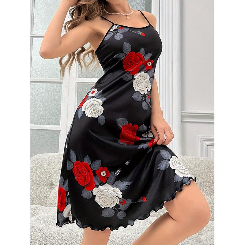 2025 Rose Print Women's Elegant Midi Sling Nightgown