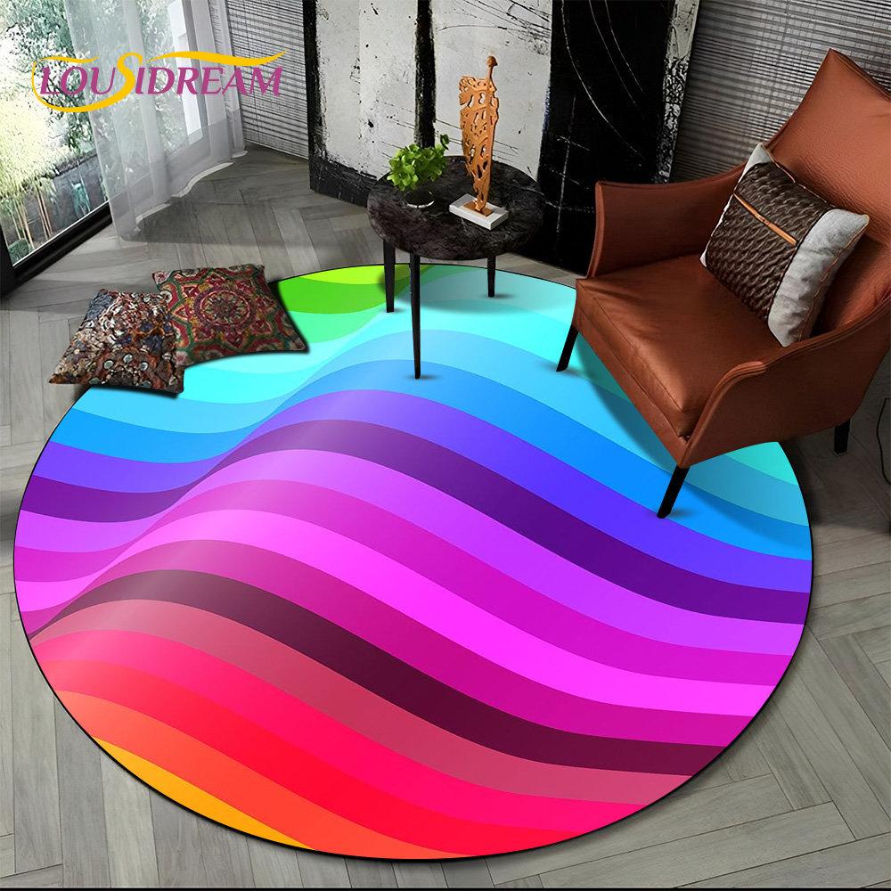 Runder Teppich mit chromatischer Farbtäuschung in Regenbogenfarben, Teppich für Wohnzimmer, Schlafzimmer, Sofa, Spielzimmer, Dekoration, rutschfeste Bodenmatte für Kinder