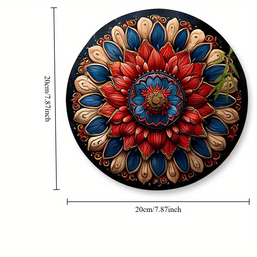 2d Flat 20*20cm Vintage Mandala Wooden Sign, Wooden Circular Mural, Red and Blue Floral Design, Vintage Decoration for Bars, Cafes, Seaside Villas,