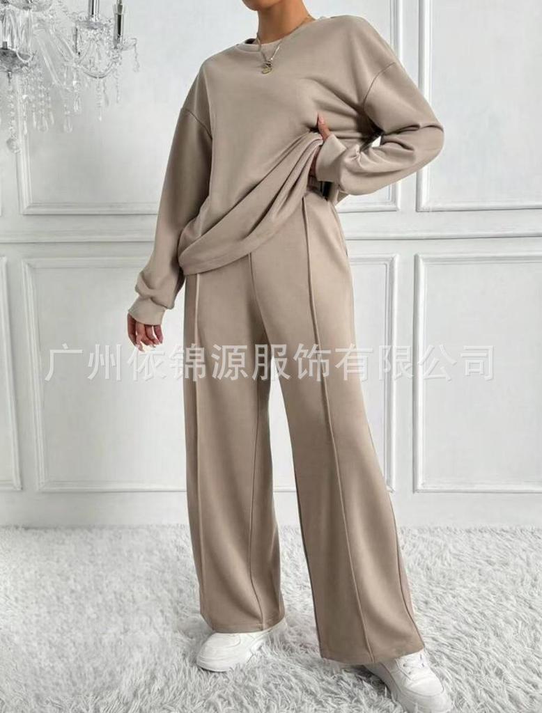 Light Grey Ribbed Knit Loungewear Set with Wide Leg Pants