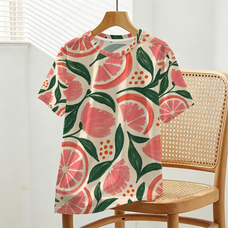 Women's Short Sleeve T-Shirt,American Basic Style,Breathable Soft Cotton,Fresh Fruit Print,Casual Tee for Daily Outings,Vacation & Everyday Wear