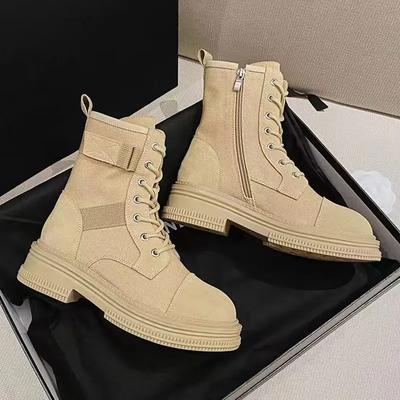 Stivali da donna in vera pelle 2024 Primavera Nuovi stivali di tela Fondo spesso Cerniera laterale Peluche Stivaletti desertici Stivali da donna Botas