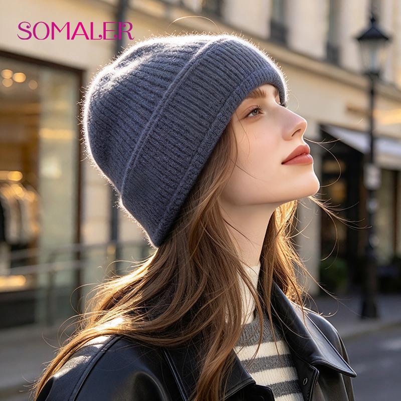 SOMALER Women's Autumn Winter Angora Knit Beanie Hat with Folded Cuff & Metal Badge Fashion Warm Cap 54-58cm