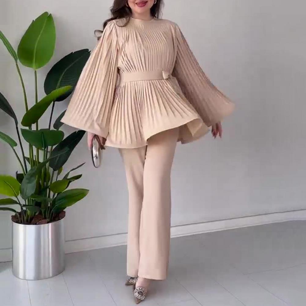 2 Pcs/Set Women Top Pants Pleated Horn Sleeves Lace-up Bow Tight Waist Big Hem Round Neck Blouse Wide Leg Solid Color Trousers O