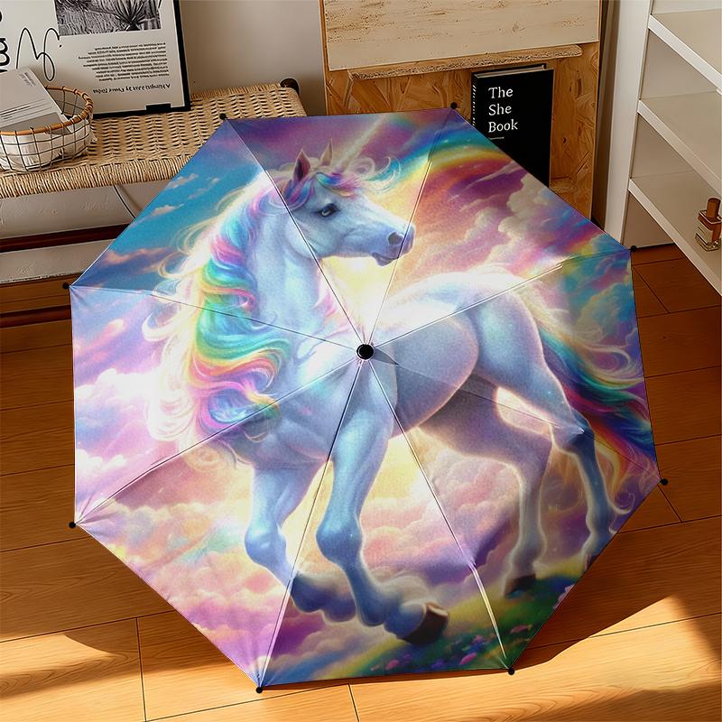 1pc Dreamy Rainbow Unicorn Umbrella Portable Folding Umbrella Iron Frame Hole Bone Structure Outdoor Home Umbrella