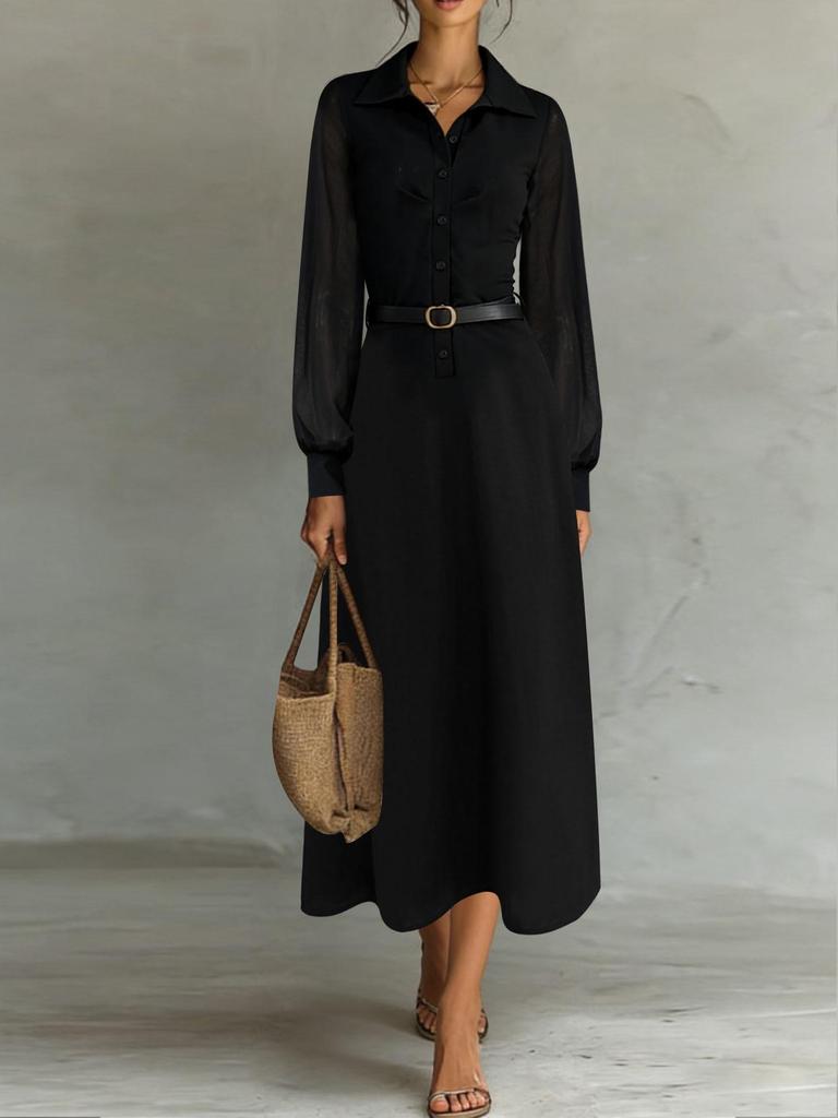 French Elegant Black Mesh Long Sleeve Waist-Cinching Slim Dress for Women