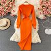 RUGOD Sexy Round Neck Knitted Slit Dress Women's New Autumn and Winter Bottoming Tight Elastic Wrap Hip Sweater Dress