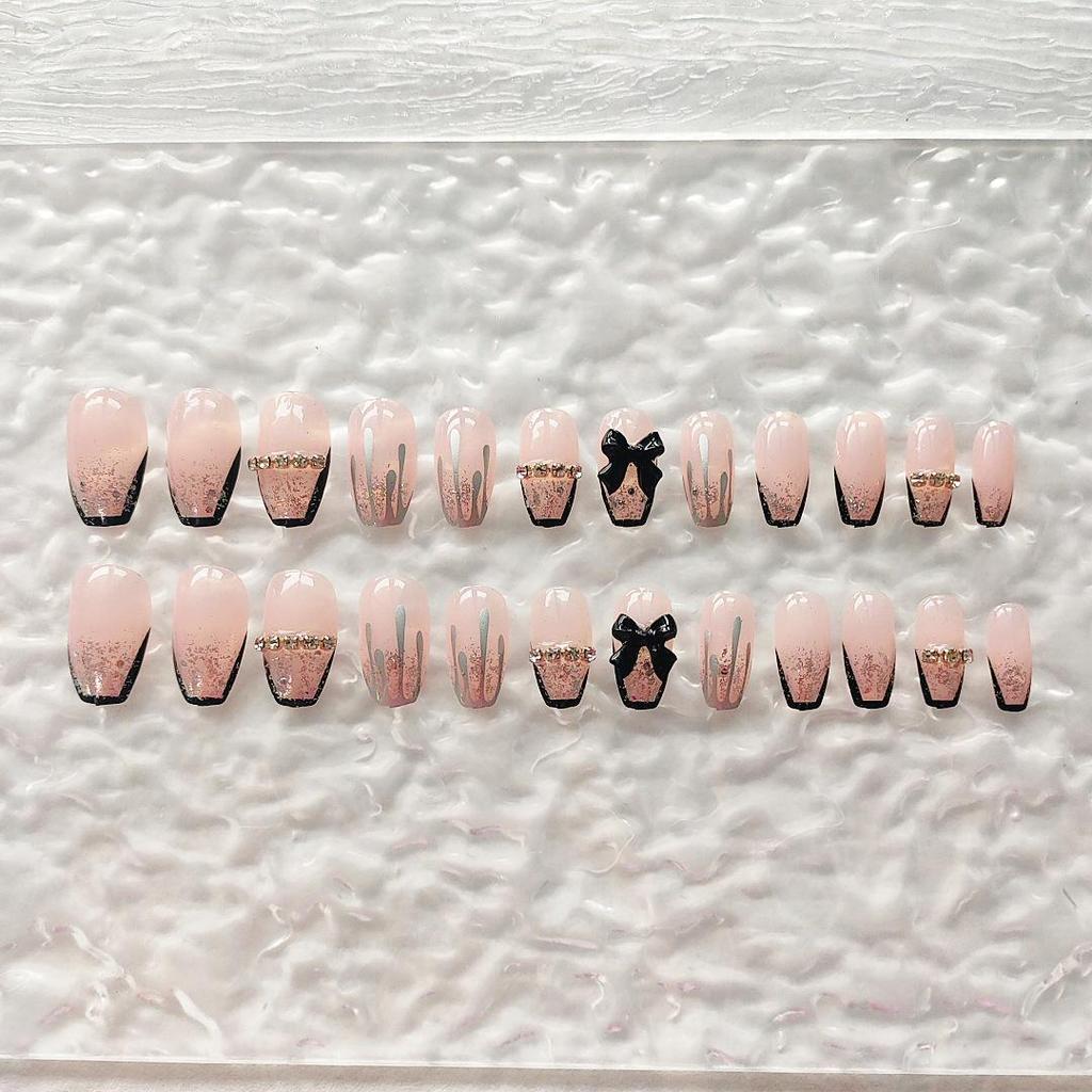 French Black Bow Quicksand Removable Fake Nail Set