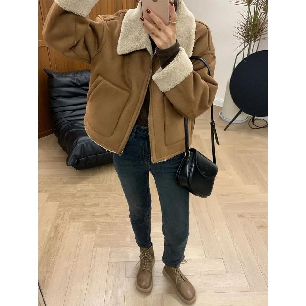 Fleece Patchwork Vintage Short Warm Jacket Women Autumn Winter New Brown Fashion Wool Lapel Coat Korea Chic Designer Casual Clothes